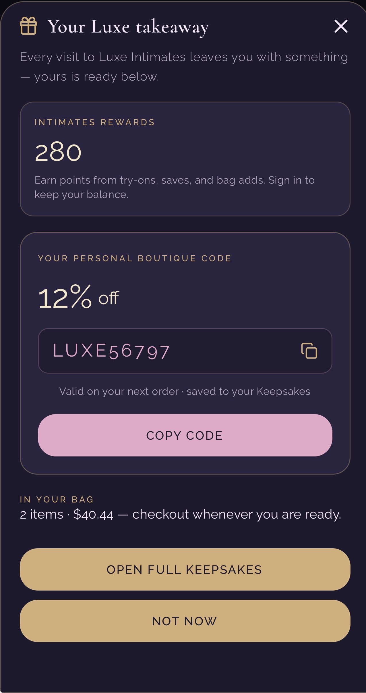 Intimates Rewards and Keepsakes in the app