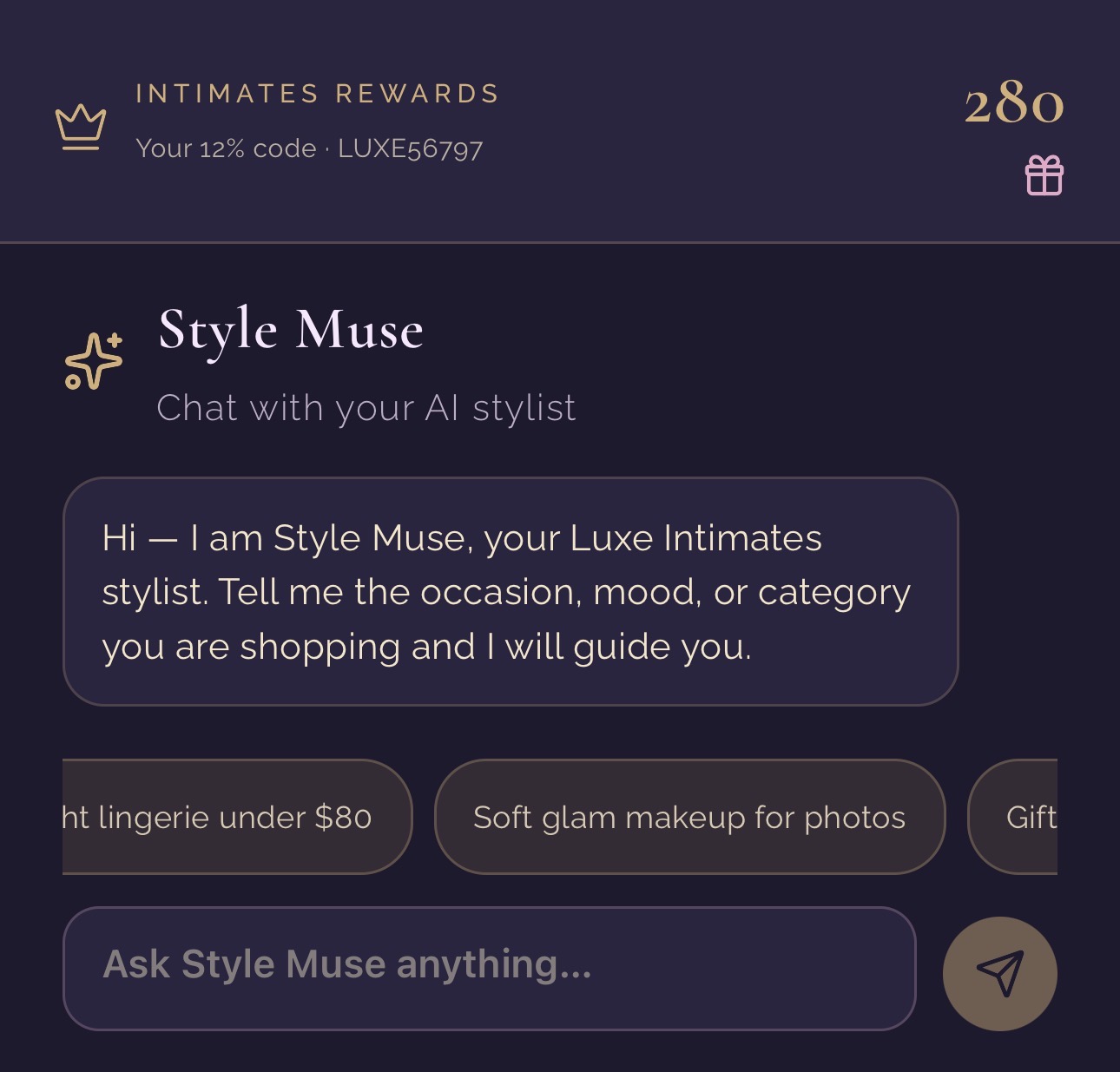 Style Muse AI stylist chat in Luxe Intimates